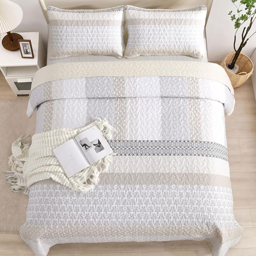 Beige Queen Quilt Set - Boho Striped Patchwork Bedspread (3-Piece)