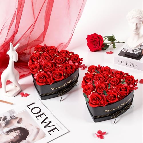Preserved Red Roses in Heart-Shaped Gift Box with Eucalyptus and Hydrangea