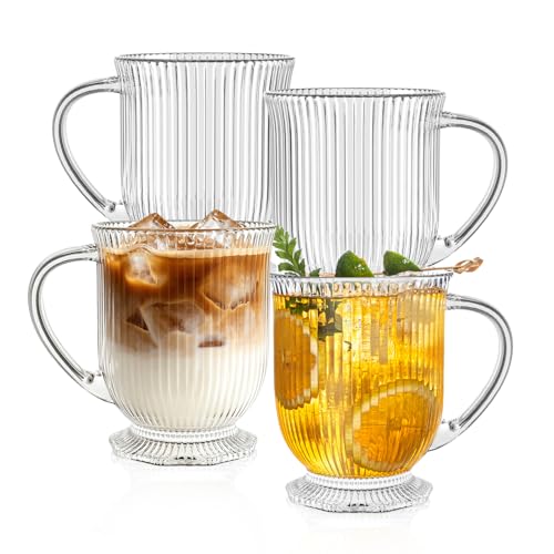 KEMORELA 16oz Ribbed Glass Coffee Mugs Set - Large Handle, No Spoons, 4 Pack