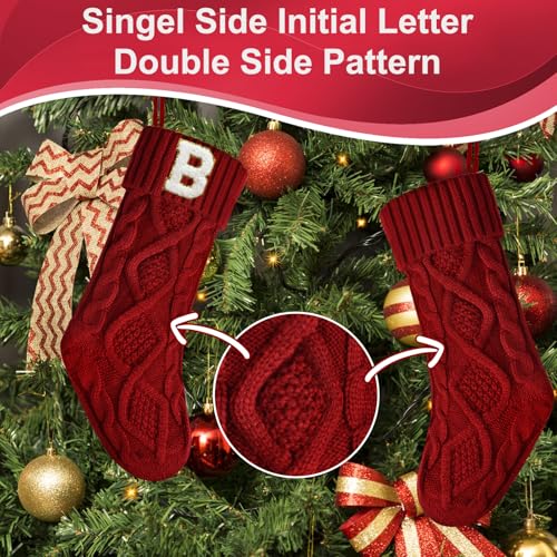 18 Inches B Burgundy Personalized Initial Monogram Christmas Stocking, Embroidered Gold Edge