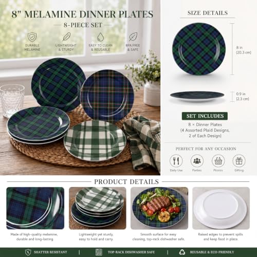 Christmas Green Plaid Melamine Salad Plates Set of 8 - 8 Inch Holiday Dinnerware