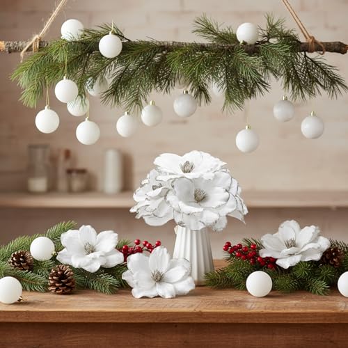 Outus White Velvet Christmas Tree Decorations Set with Glitter Magnolia Flowers & Ornaments