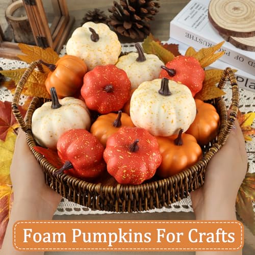 16-Piece Artificial Mini Pumpkin Set with Fall Leaves for Autumn Home Decor