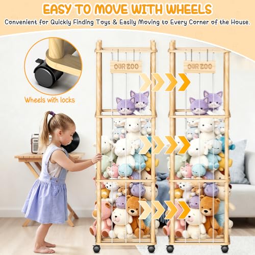 3-Tier Wooden Stuffed Animal Storage Organizer with Wheels, Mobile Toy Zoo