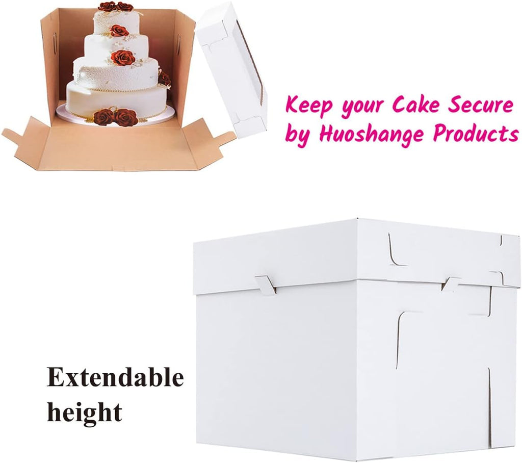 Skiennix Tall Cake Boxes - Sturdy 14x14x12 Inch Wedding Cake Carrier | 2 Pack with Window