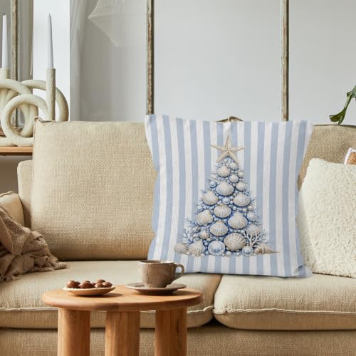 Blue Beach Christmas Tree Throw Pillow Cover 18x18 Home Decor - Seasonal Accent