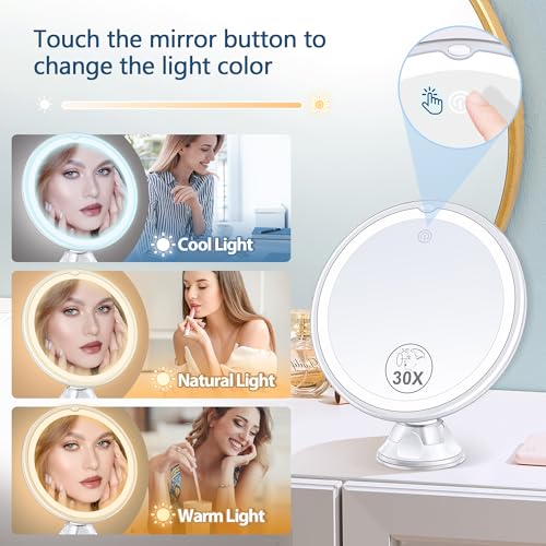 B Beauty Planet 30X Lighted Magnifying Makeup Mirror White-3AAA, 360° Swivel, Suction Cup