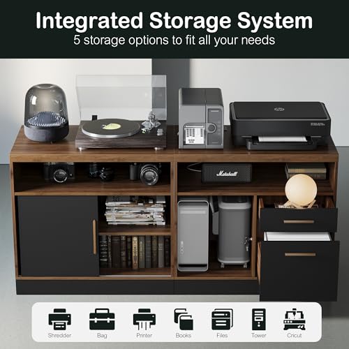 67-Inch L-Shaped Standing Desk with Bookshelf and File Cabinet