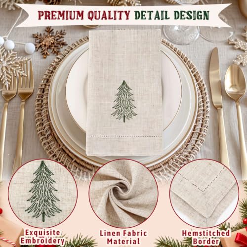 Christmas Tree Embroidered Linen Napkins Set of 6 18x18'' Rustic Holiday Decor Xmas