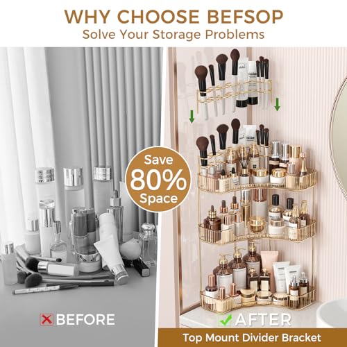 BEFSOP Gold 3-Tier Corner Bathroom Counter Organizer, Makeup & Skincare Storage