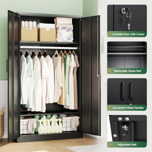 72-inch Metal Wardrobe Storage Cabinet with Adjustable Shelves and Lock