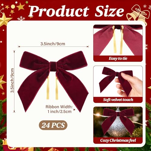 3.5x3.5 Burgundy Velvet Christmas Bows with Gold Twist Ties, 24 Pcs for Tree, Wreaths & Garlands (3.5x3.5, 1in width) – HEAEUNK