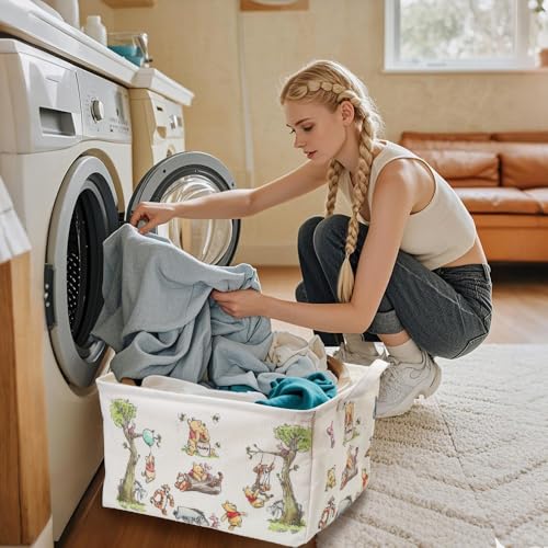 Large Foldable Canvas Storage Basket with Waterproof Interior - White Bear