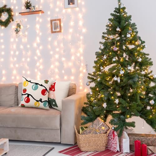 Beeveer 2 Pcs Christmas Jacquard Throw Pillow Covers 18 x 18 in - Tree & Lantern 3D Embroidery