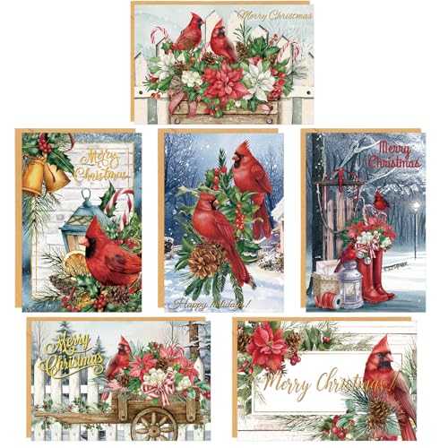 Cholemy Rustic Cardinal and Berries Christmas Cards with Envelopes, 36pc 4x6, Assorted Styles