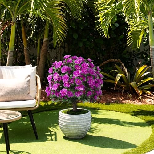 Artificial Azalea Topiary Ball with Ground Stake, UV-Resistant Faux Plant
