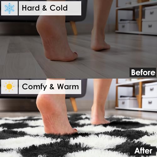 Checkered Area Rug 4x6, Soft Fluffy Shag Carpet for Bedroom and Living Room