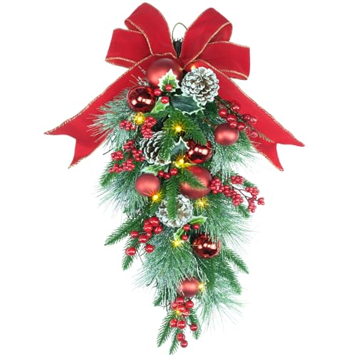 24-Inch Pre-Lit Christmas Teardrop Swag with Fairy Lights & Pine Cones