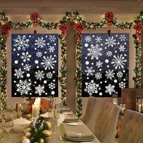 Augisteen 8 Sheets Extra Large Glitter Snowflake Window Clings - Reusable Double-Sided Xmas Window Decor