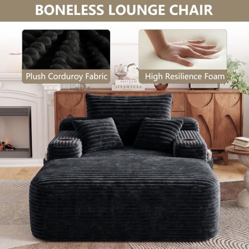 65" Oversized Corduroy Chaise Lounge Chair with Cup Holders and Pillows