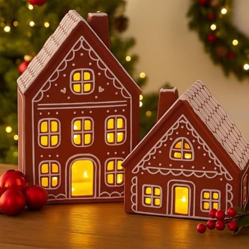 LED Gingerbread House Decorations – 2-Piece Ceramic Tabletop Nativities