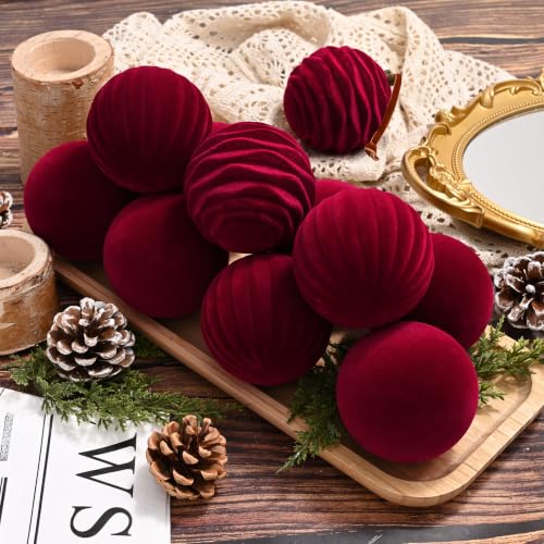Waipfaru Burgundy Red Velvet Christmas Ornaments Set, 4pcs 5.9 Inch Large Holiday Baubles
