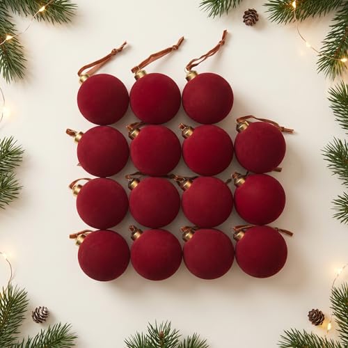 Nhohobiy 15Pcs Burgundy Red Velvet Christmas Tree Ball Ornaments, 2.65in Flocked Xmas Balls - Red / 15Pcs