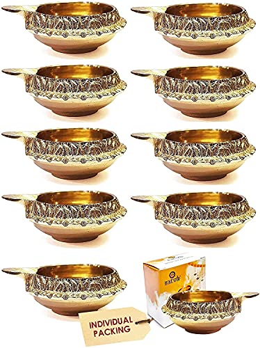 Pure Brass Kuber Diya Oil Lamps (Set of 10) for Pooja & Diwali Decor