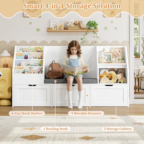 Kids Bookshelf and Toy Storage Organizer with Reading Nook and 3 Drawers
