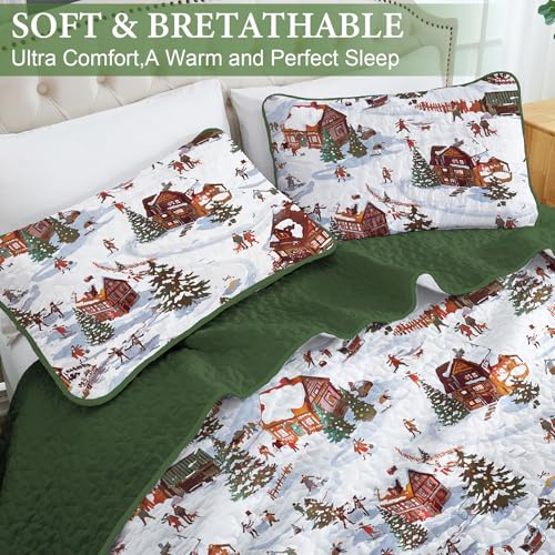 Yiran Red Cottage Christmas Quilt Set Queen Size with Deer Snowman Village, 104x90 inches