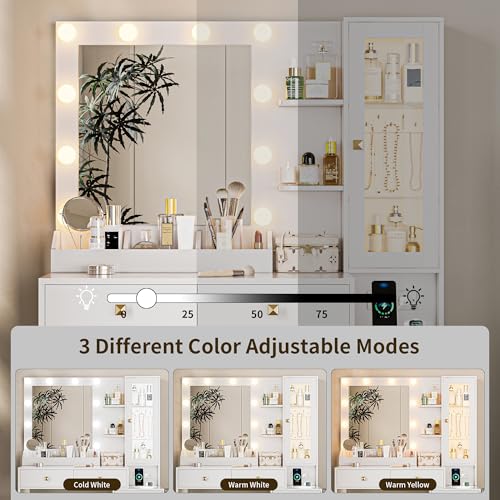 Makeup Vanity Desk with Lighted Mirror, RGB Glass Cabinet and Stool