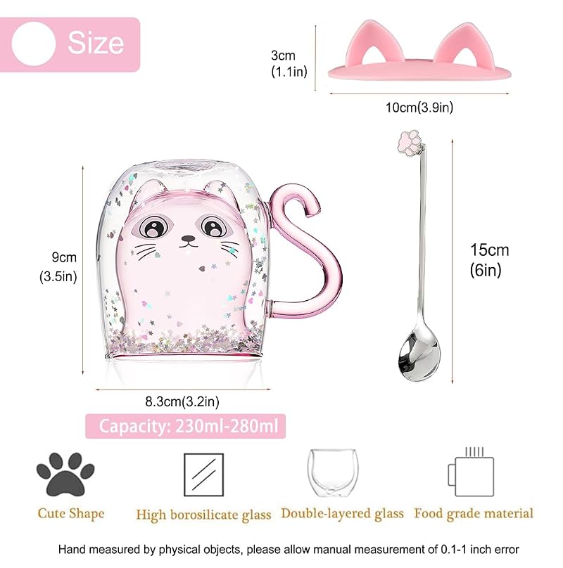 Binoster Glittery Pink Cat Double-Walled Coffee Glass - 230ml-280ml Gift Mug