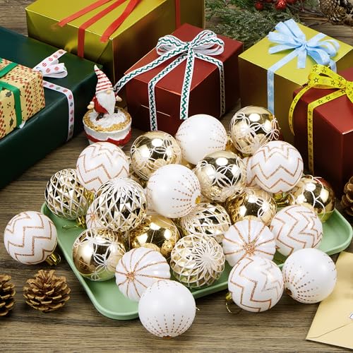 Christmas Tree Ornaments Set - 30 Shatterproof Gold & White Balls for Holiday Decor