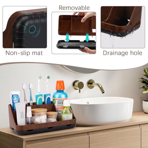 7-Slot Wood Bathroom Toothbrush Holder with Drain Holes - Countertop Organizer