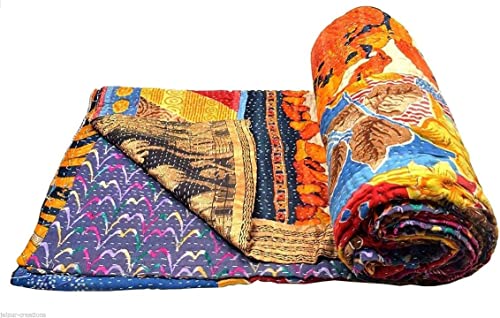 Vintage Kantha Quilt - Handmade Reversible Cotton Throw Blanket 85x55 Inches
