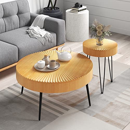 2-Piece Round Nesting Coffee Table Set with Solid Pine Wood Top