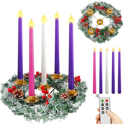 12-Inch Christmas Advent Wreath Candle Holder with 5 Flameless LED Candles