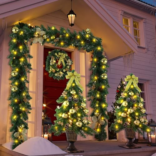 Pre Lit Christmas Garland and Wreath Set - Gold Holiday Decor, Indoor & Outdoor