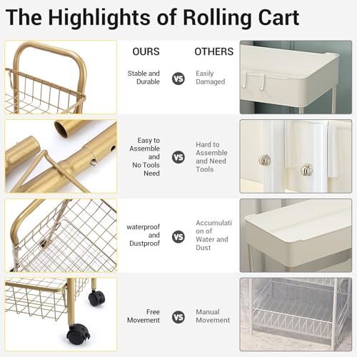 3-Tier Rolling Utility Cart with Lockable Wheels - Gold Metal Storage Trolley