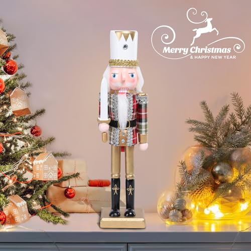15-Inch Gold Wooden Nutcracker Soldier Figure with White Fur Cape Decor