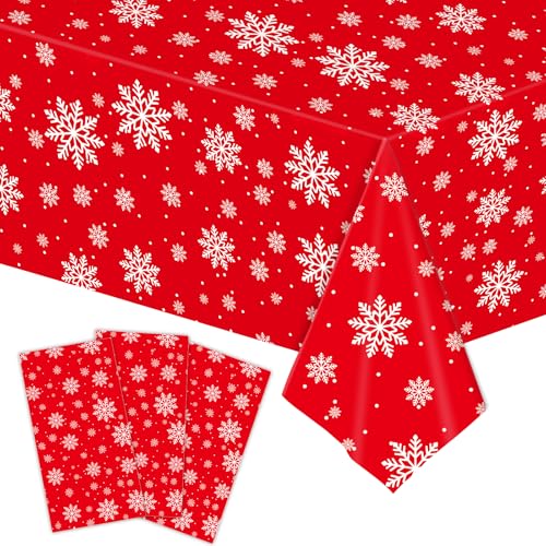 Temicle Red and White Snowflake Plastic Tablecloth 54 x 108 Inches Holiday Disposable Cover
