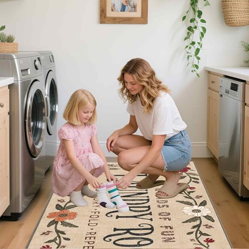 Washable Laundry Room Runner Rug, 20x47 Floral Non-Slip Low-Pile Mat