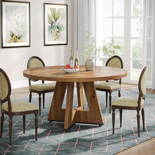 47-Inch Round Farmhouse Dining Table, Rustic Wood Dinner Table for 4