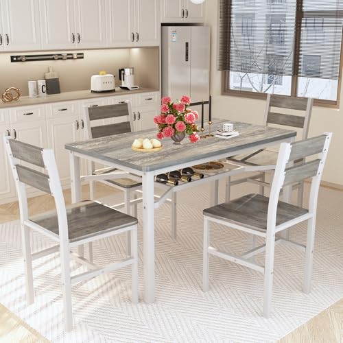 5-Piece Rustic Farmhouse Dining Table Set with 4 Chairs and Storage Shelf