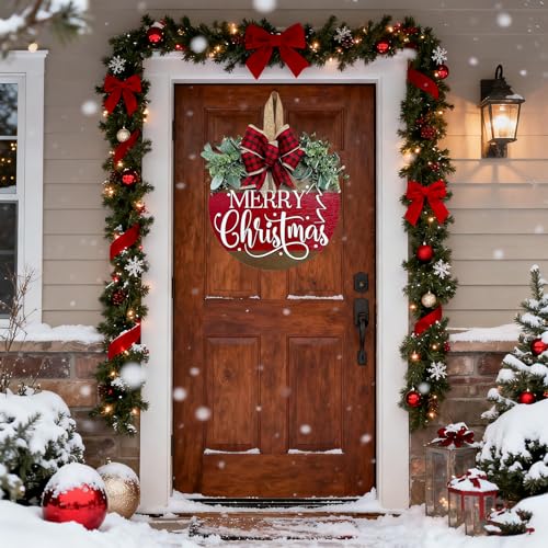 Ksdkrme Christmas Wreath for Front Door - Merry Christmas Door Hanger Sign Decor