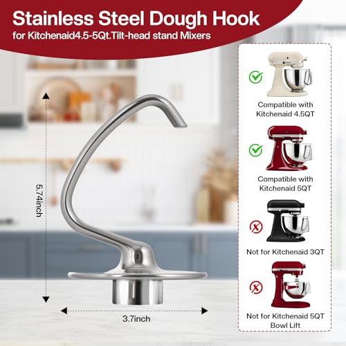 Stainless Steel Dough Hook for 4.5-5 Quart Tilt-Head Stand Mixers