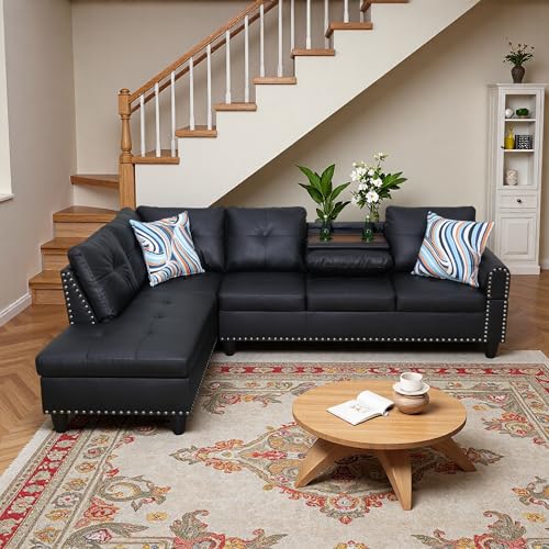 Modern L-Shaped Sectional Sofa with Cup Holders and Chaise, Black