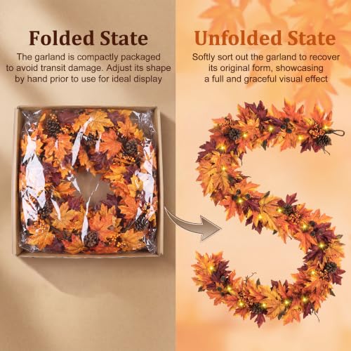 Ghrdopy Style1 9Ft Fall Garland with 42 Lights & Timer - Autumn Decor