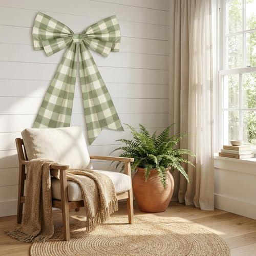Large Sage Green Buffalo Check Bow for Wall & Backdrop Decor (28" x 22")