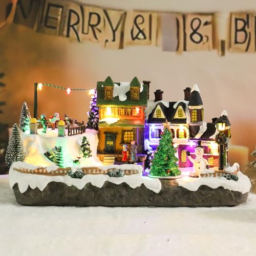Christmas Village Houses with Skaters Skiers Light Up Musical Rotating Tree USB Decor - Variation of Village & Skaters Skiers